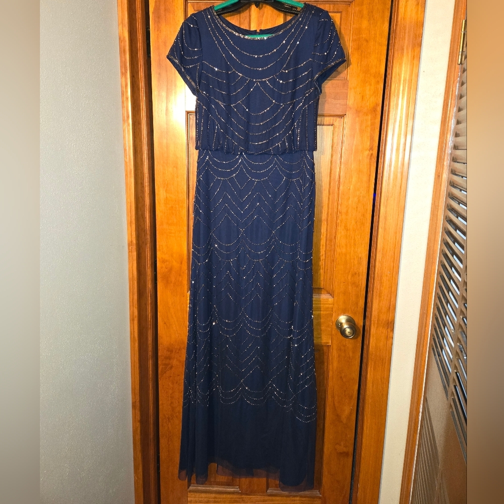 Adrianna Papell Elegant Beaded Navy Blue Dress